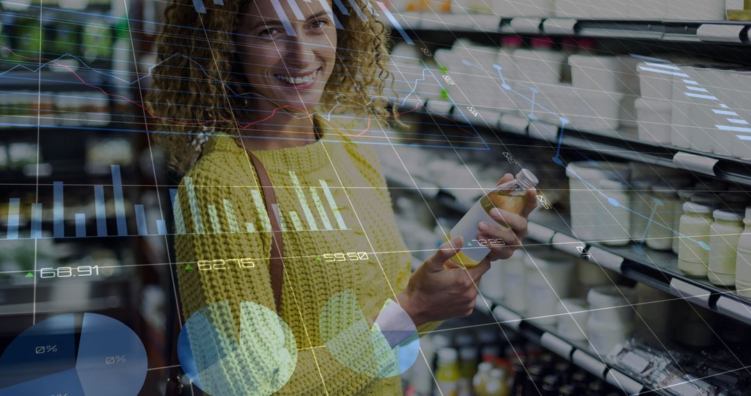 Smiling Woman Shopping in Grocery Store with Digital Data Overlay