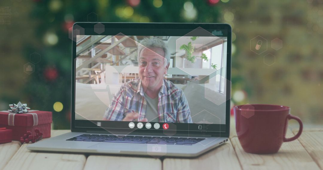 Virtual Meeting in Festive Office with Gift Box and Red Mug