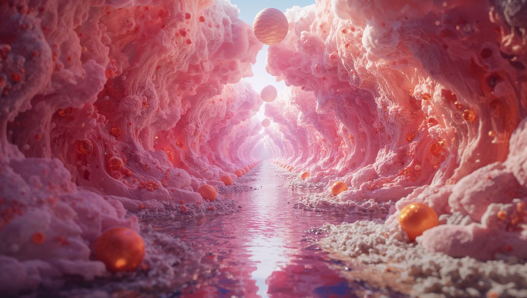 Surreal Pink Foam Corridor with Floating Orbs