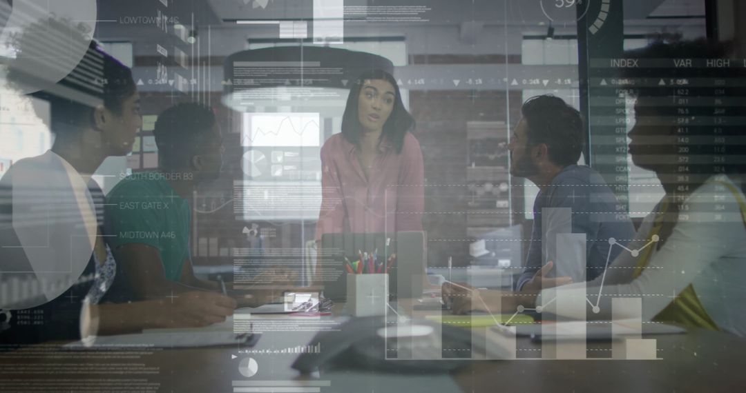 Diverse Team Analyzing Financial Data with Digital Overlays