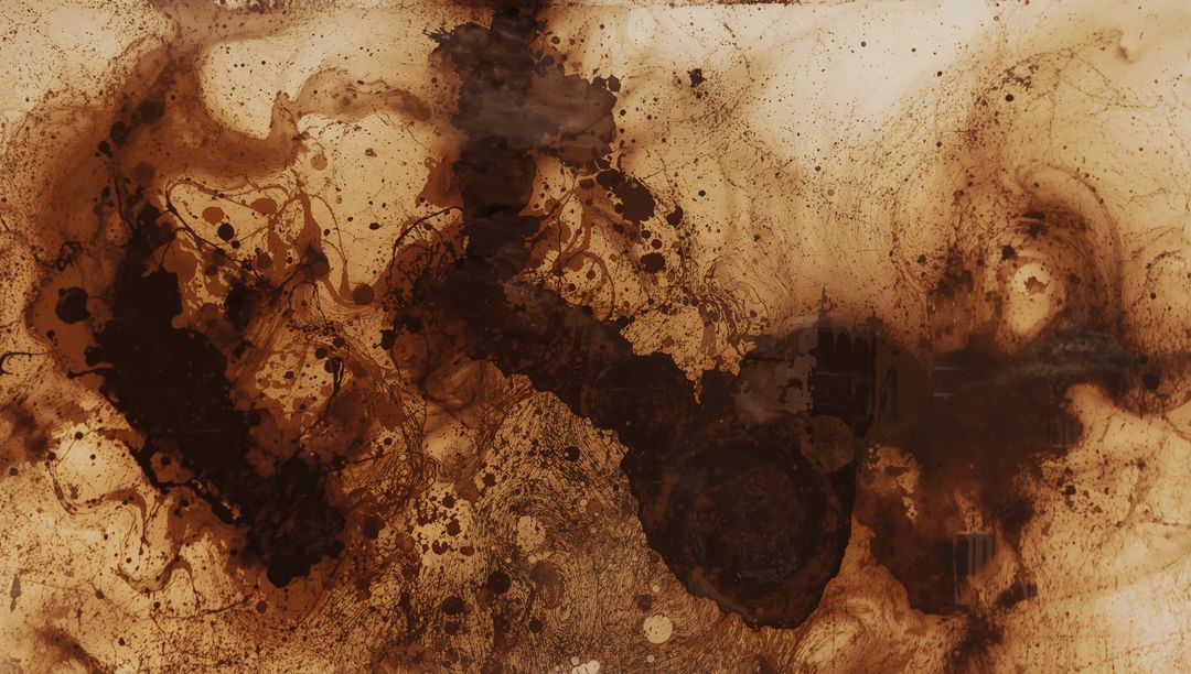 Organic Dark Brown Ink Spill Abstract with Concentric Rings and Textured Splatter Backdrop