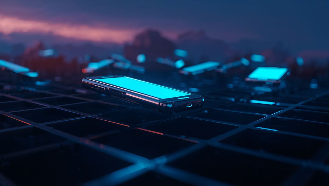 Futuristic Floating Smartphones with Cyan Display over Digital Grid