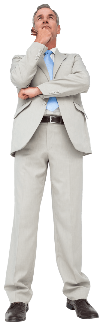 Thoughtful Caucasian Businessman in Suit on Transparent Background