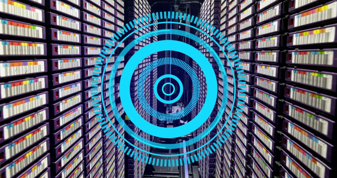 Neon Blue Scanner Overlay in Futuristic Data Storage Center