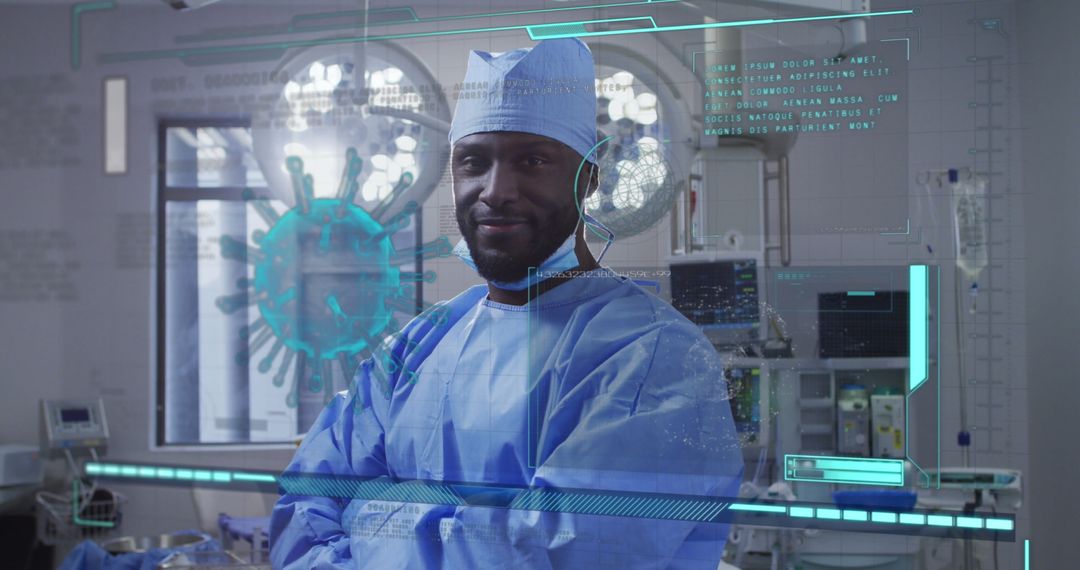 Confident African American Surgeon with Futuristic Interface