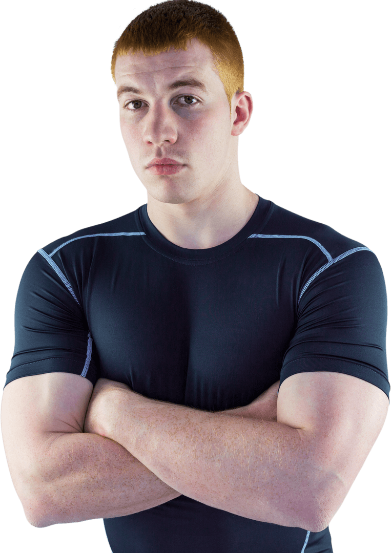 Confident Sportsman with Crossed Arms in Transparent Sportswear