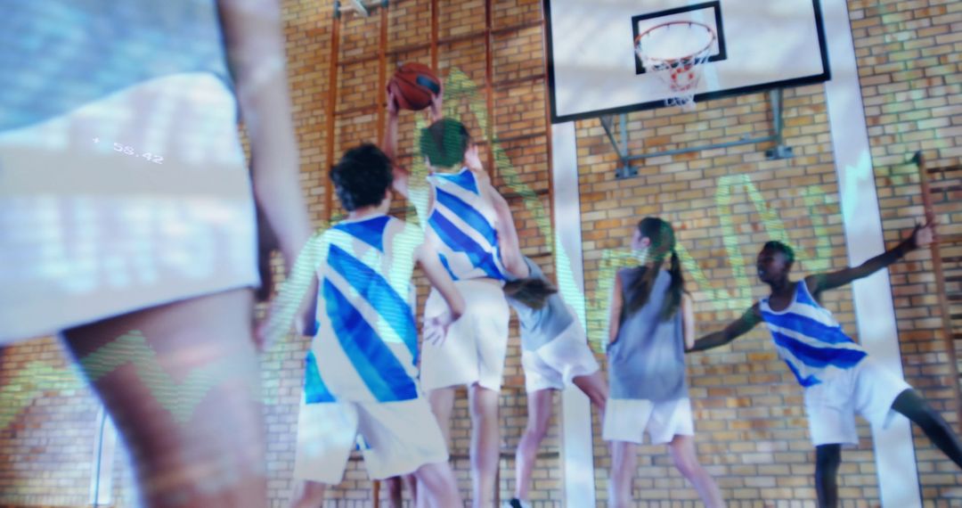 Teens Playing Basketball in Gym with Light Effects Overlay