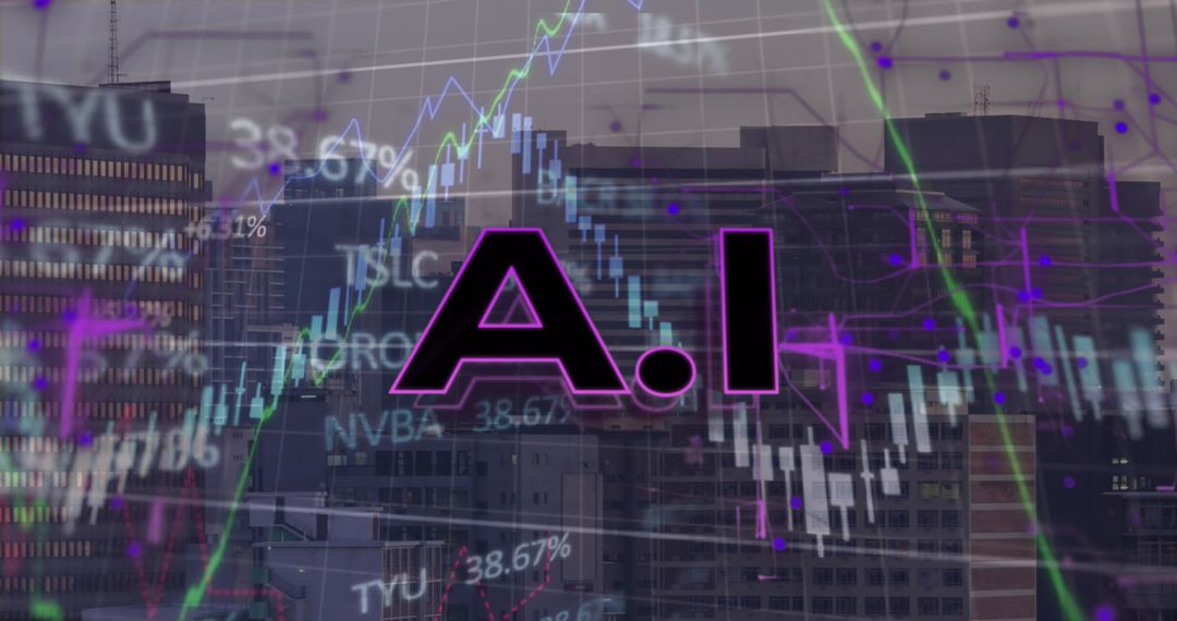 AI Text Overlay on Cityscape with Financial Data Visuals