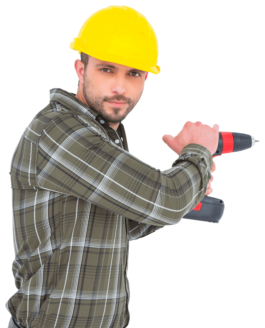 Male Construction Worker with Electric Screwdriver on Transparent Background