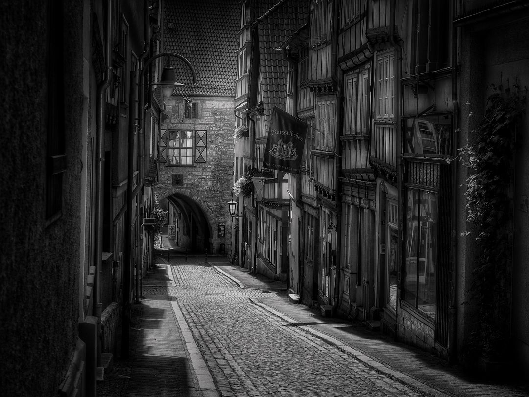 Narrow Old Town Alley with Cobbled Street in Black and White - Free Images, Stock Photos and Pictures on Pikwizard.com