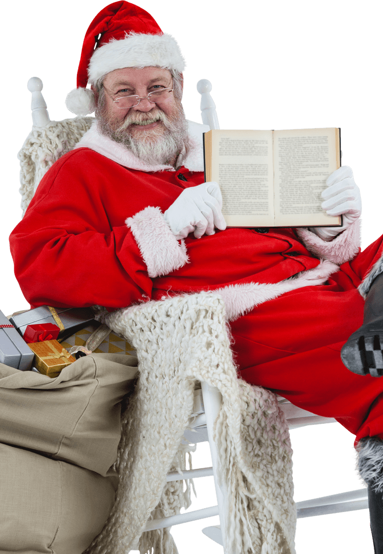 Transparent Smiling Santa Claus with Bible Holding Christmas Story