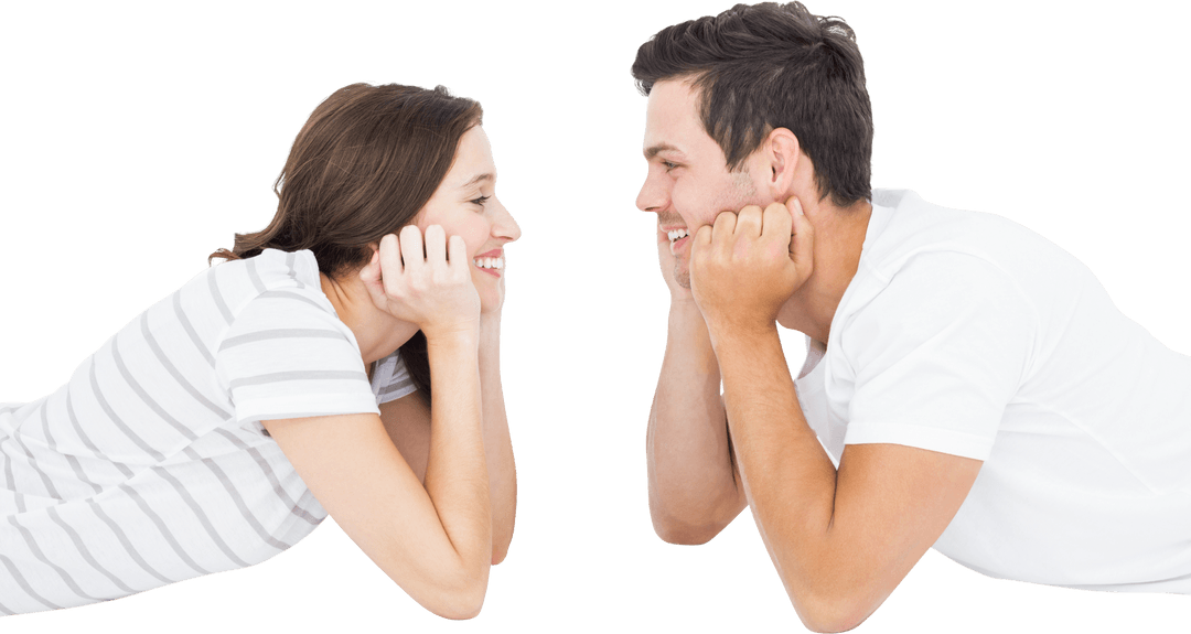 Transparent Young Couple Lying and Smiling Together
