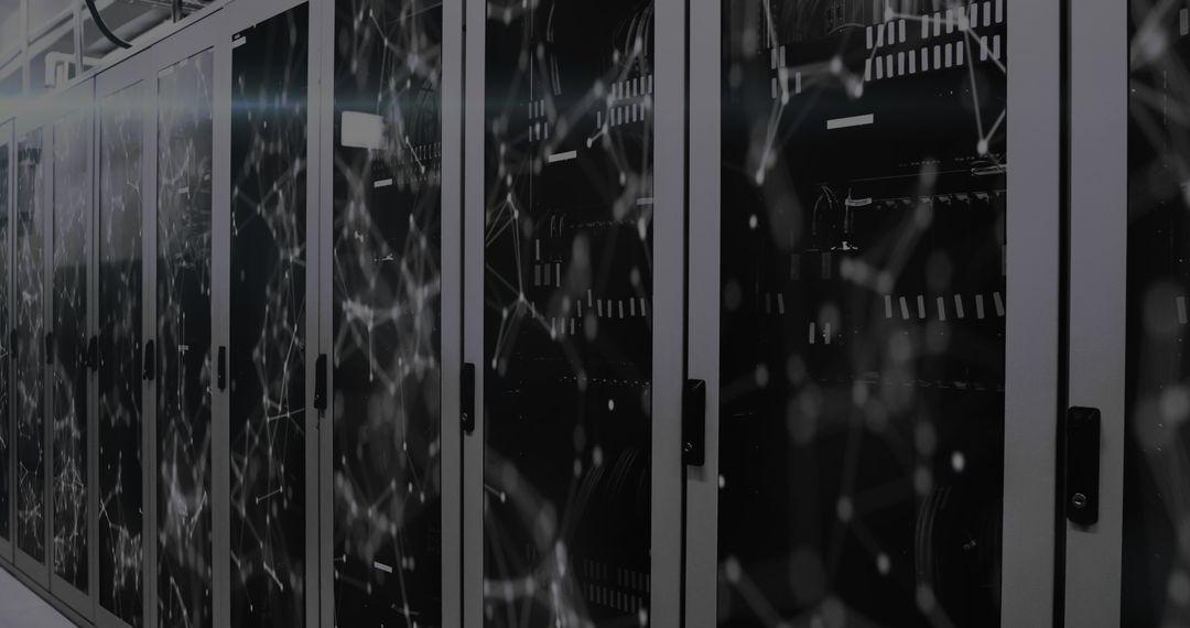 High-Tech Computer Servers with Digital Grid Overlay