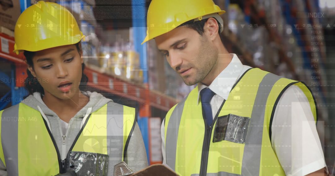 Warehouse Workers Analyzing Data with Digital Overlay