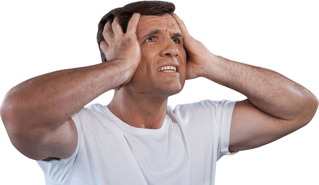 Stressed Mature Man Holding Head in Hands Transparent Background