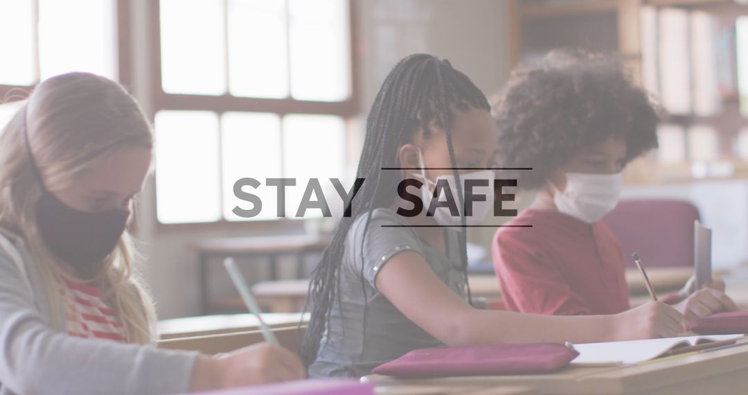 Schoolchildren Wearing Masks During Pandemic with Safety Message