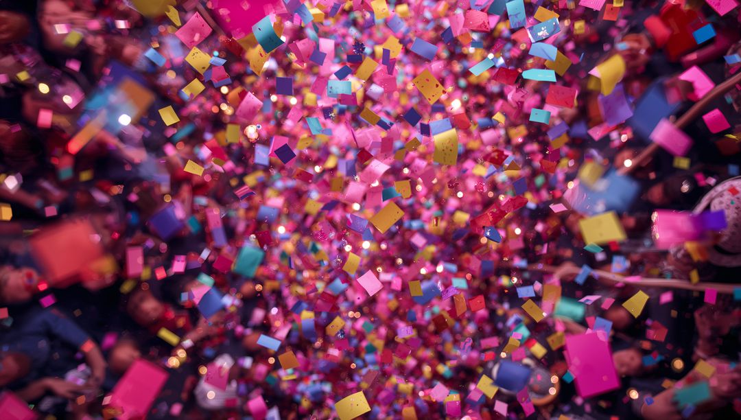 Colorburst Confetti Cloud Filling Party Crowd with Vibrant Magenta Bokeh Celebration