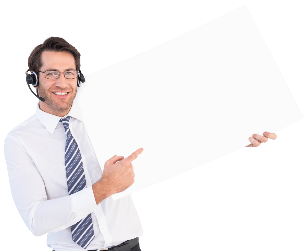 Transparent Background: Businessman with Headset presenting Blank Sign