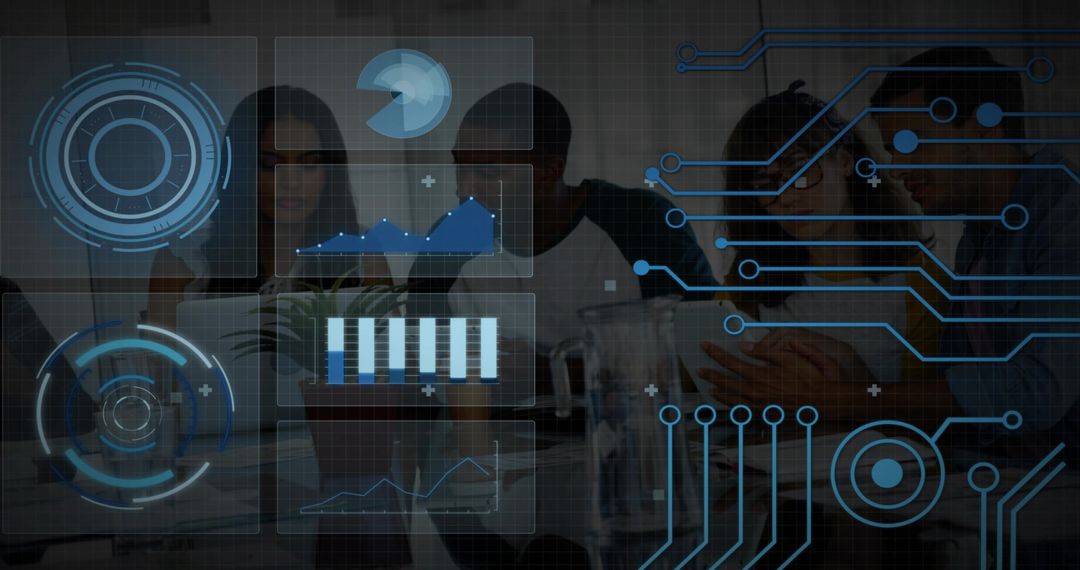 Team Collaborating Over Data Dashboards With Futuristic Blue Tech Overlay