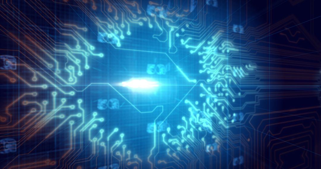 Glowing 5G Hologram Over Circuit Board in Digital Technology Concept