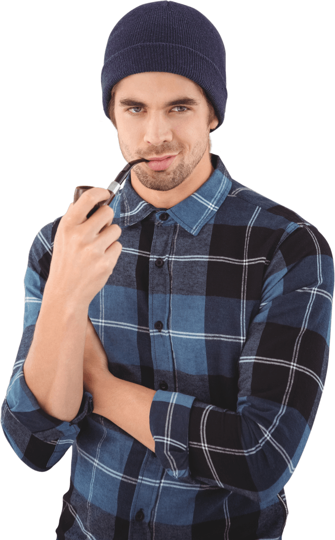 Confident Hipster Man with Pipe on Transparent Background
