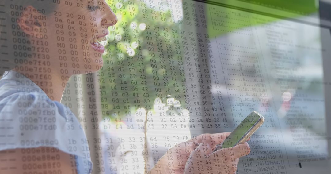 Woman Interacting with Smartphone Amid Data Processing Overlay
