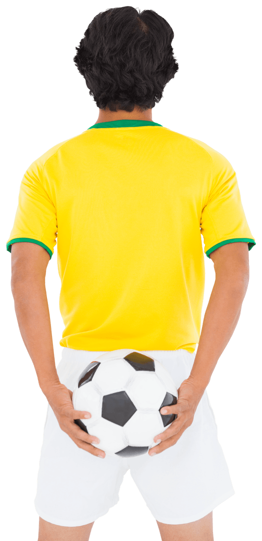 Transparent Rear View Soccer Player in Yellow Jersey Holding Ball