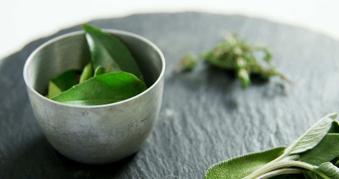 Fresh Sage and Bay Leaves in Metal Bowl on Slate Surface - Free Images, Stock Photos and Pictures on Pikwizard.com