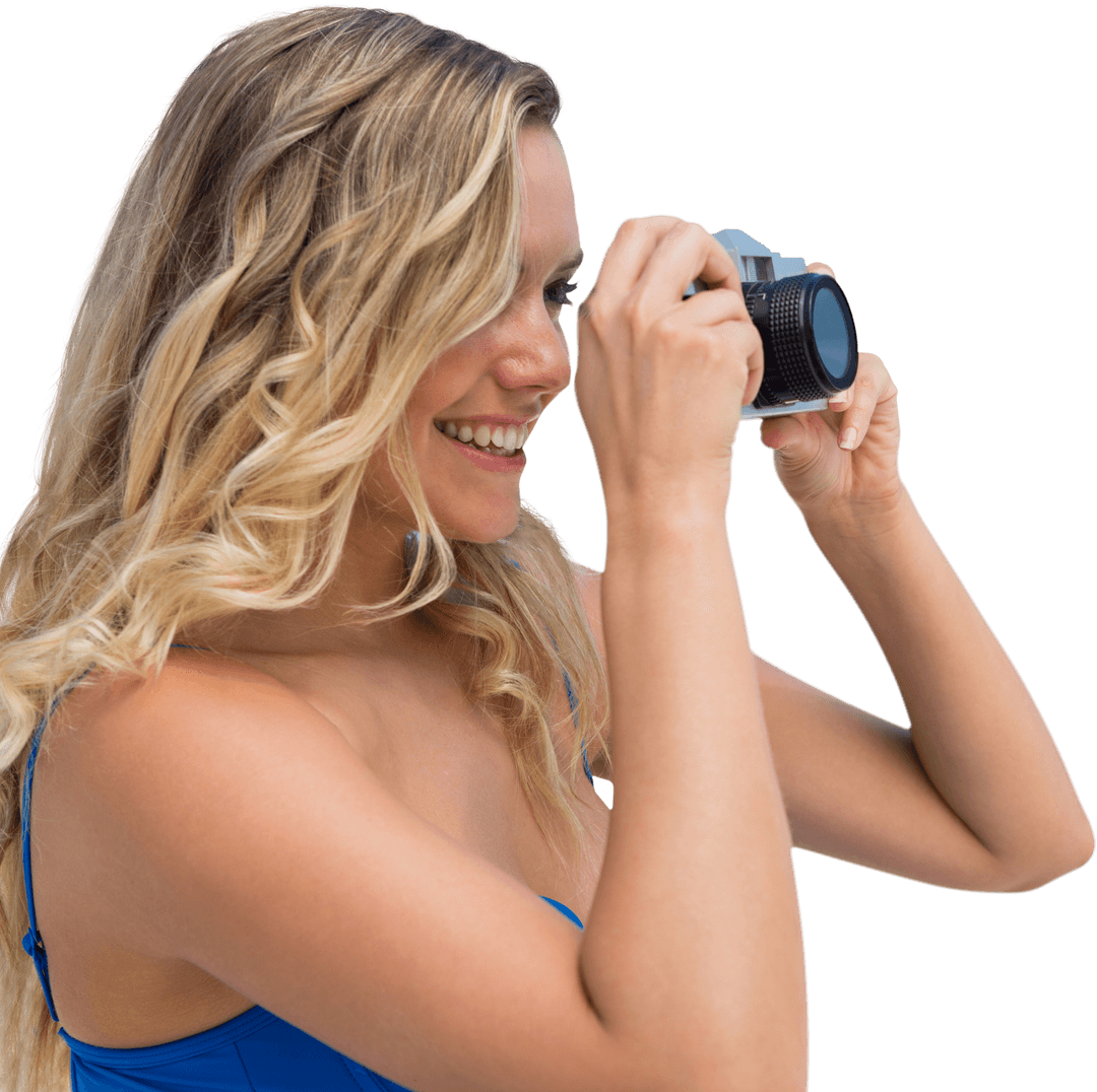 Smiling Woman with Camera on Transparent Background
