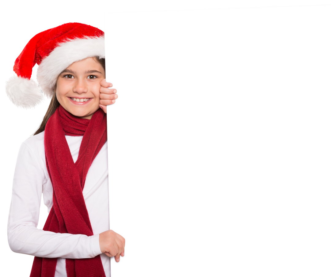 Festive Little Girl with Santa Hat Holding Transparent Blank Sign Board - Download Free Stock Images Pikwizard.com