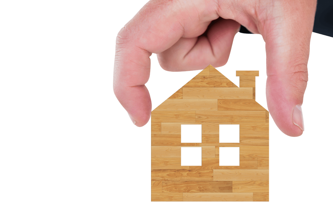 Hand Holding Wooden Model House with Transparent Background