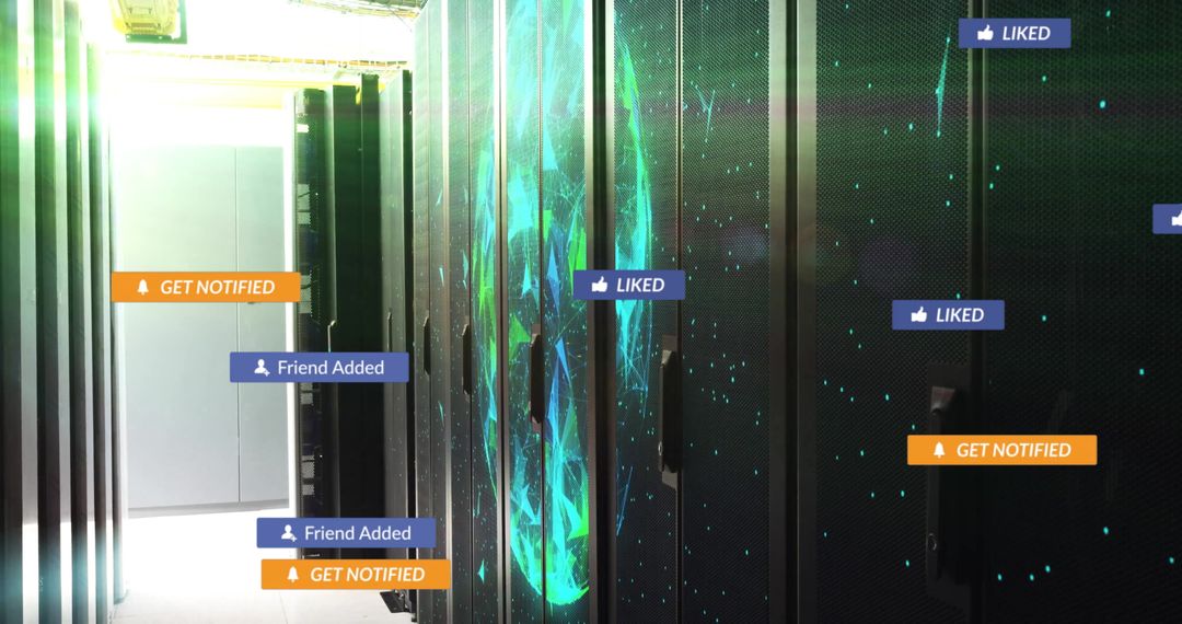Futuristic Data Center with Interactive Network Visuals and Notifications