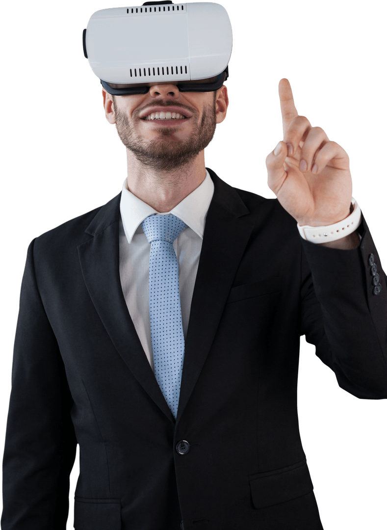 Happy Businessman Engaging with Transparent VR Experience