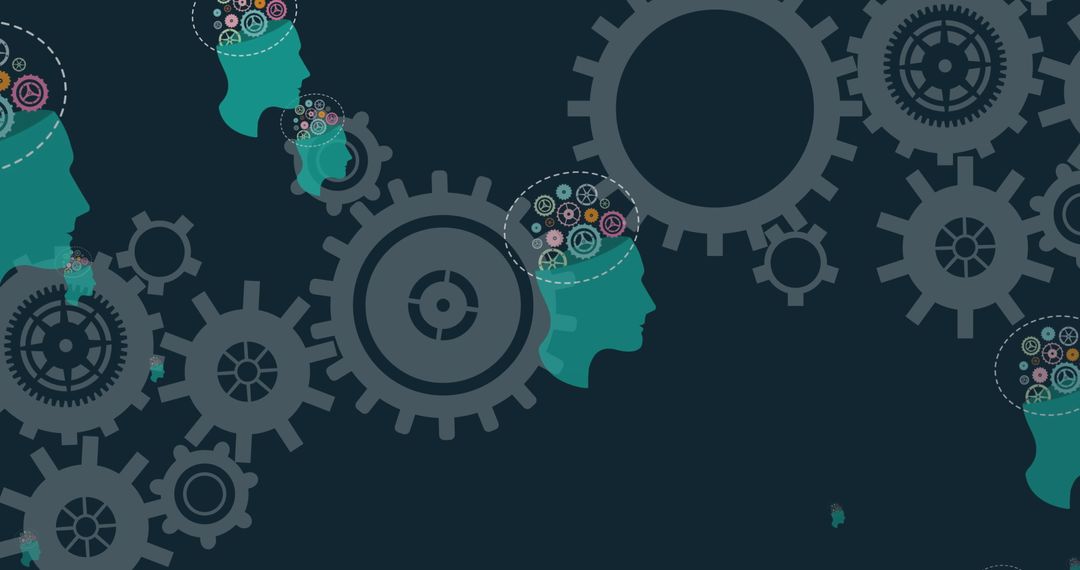 Human Silhouettes with Gears Representing Thoughts and Mechanics