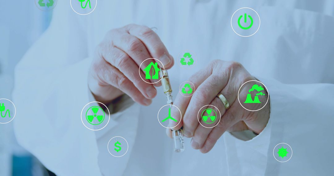 Senior Scientist Handling Ampoule with Pipette Showing Green Energy Technology Icons