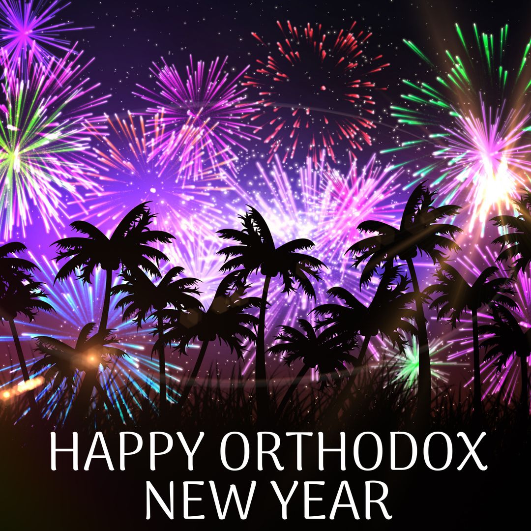 Vibrant Fireworks Above Palm Trees for Orthodox New Year