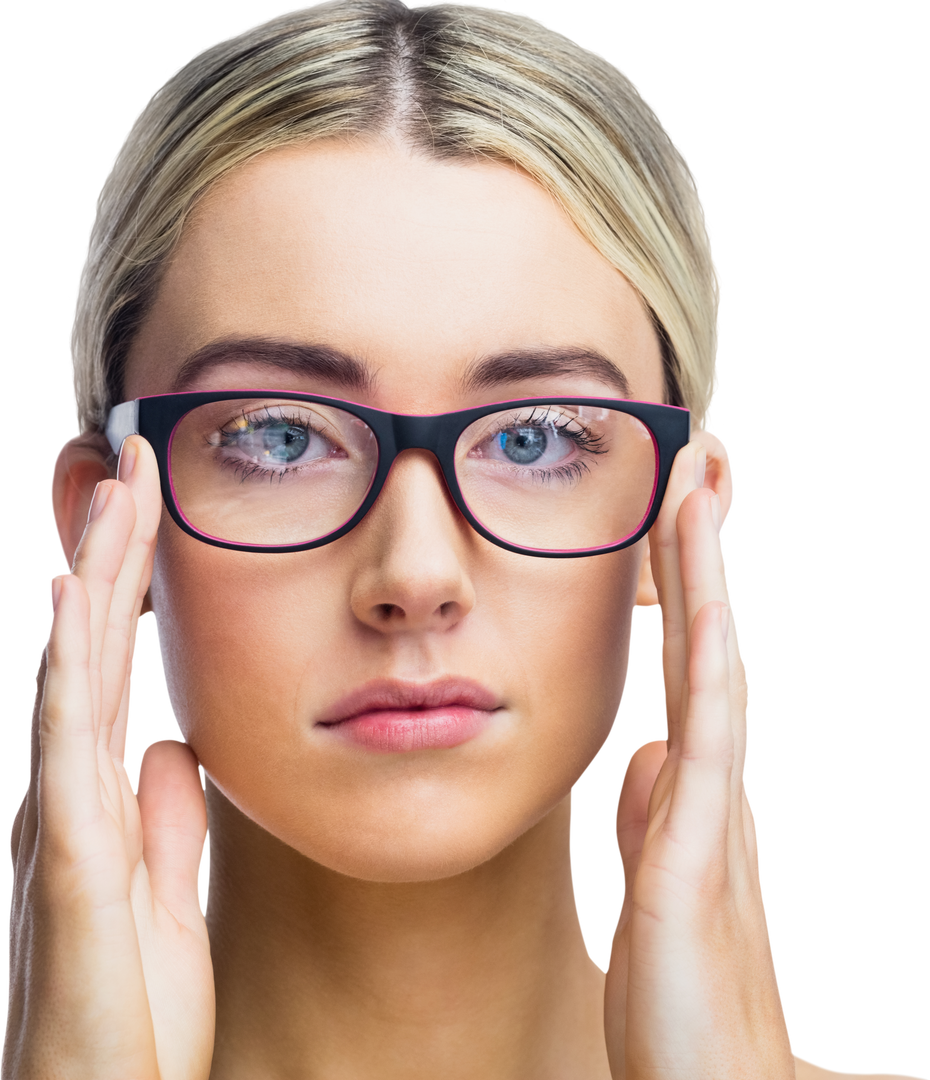 Transparent background of young woman adjusting glasses in studio - Download Free Stock Images Pikwizard.com