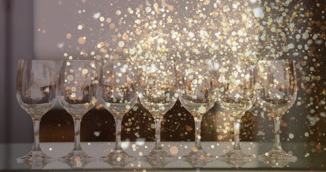 Glittering Gold Lights Above Array of Wine Glasses