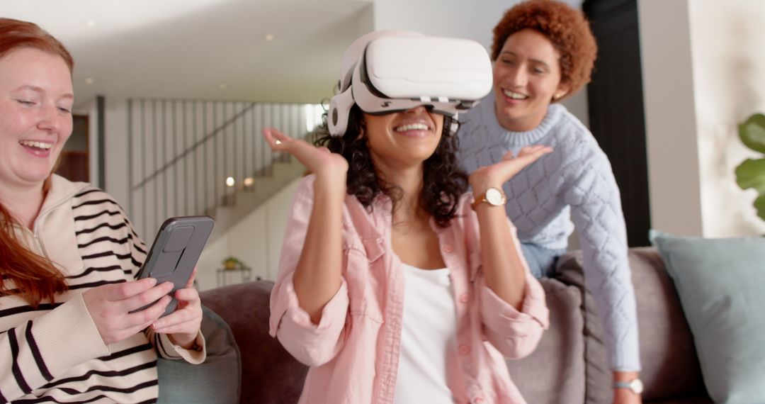 Friends Enjoying Virtual Reality Experience Together at Home