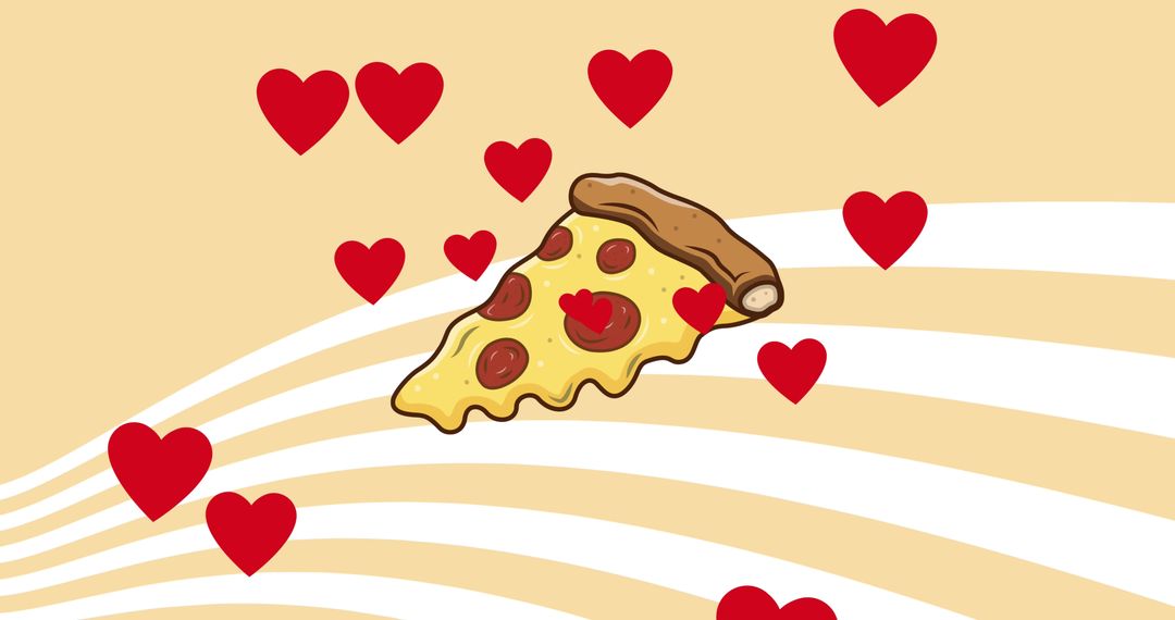 Cartoon Pizza Slice Surrounded by Hearts