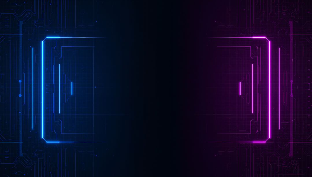 Glowing Cyan and Magenta Circuit Frames Splitting Dark Cyber Corridor for Futuristic Interface