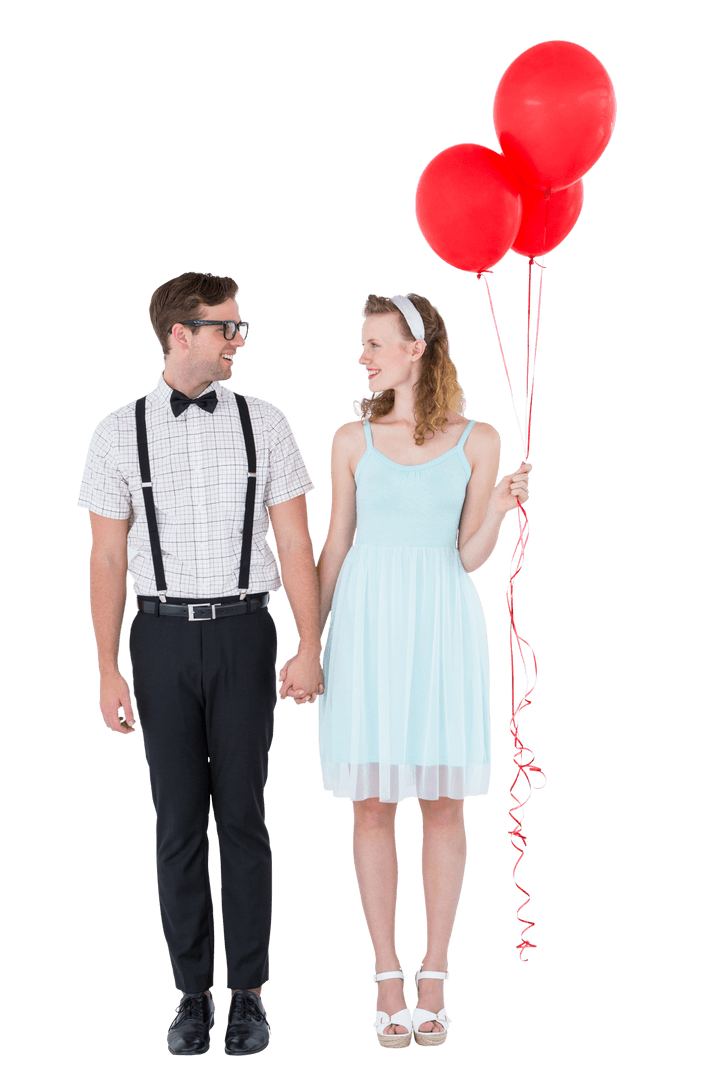 Romantic Geeky Couple with Red Balloons on Transparent Background