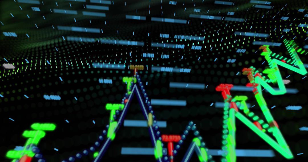 Neon holographic trading chart showing glowing data nodes and moving zigzag lines