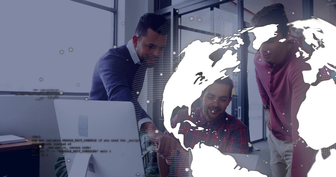 Collaborating tech team coding with global digital map overlay driving innovation