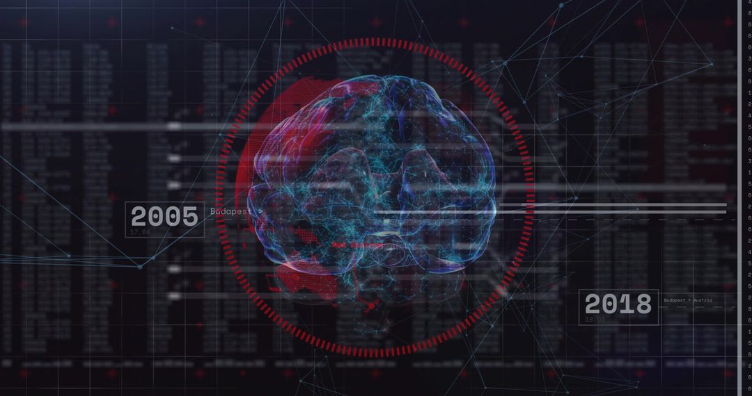 Futuristic Brain Hologram with Timeline and Data Grids