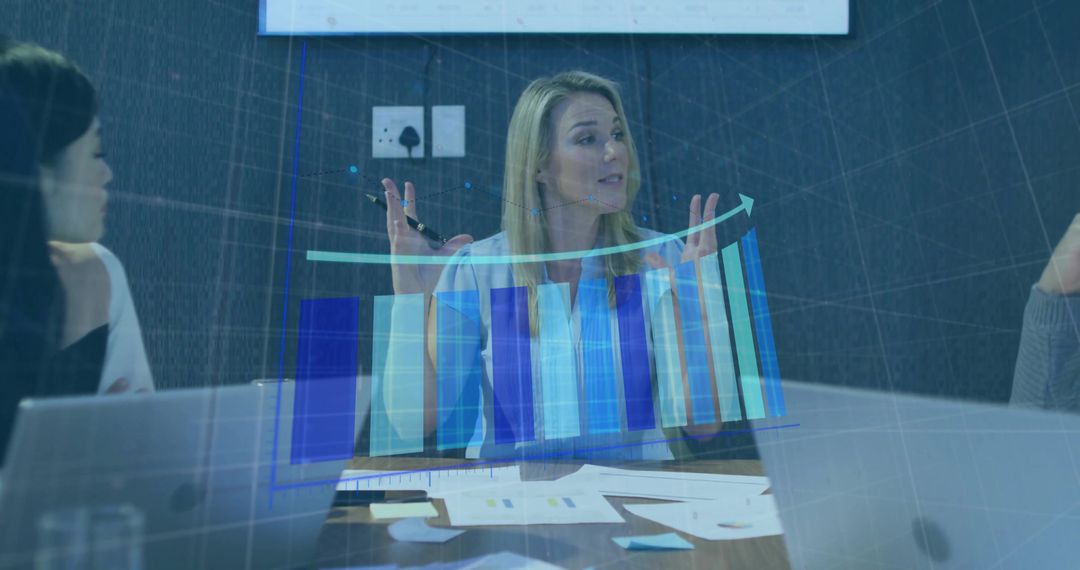 Confident Businesswoman Leading Team Discussion with Data Visualization