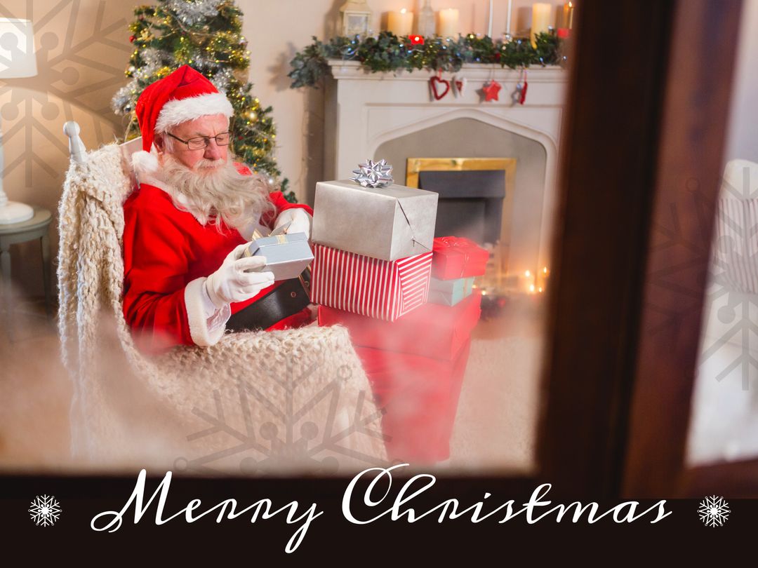 Santa Claus Holding Christmas Gifts by Fireplace with Holiday Decorations - Download Free Stock Templates Pikwizard.com