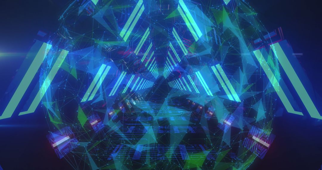 Digital Plexus Network Sphere in Neon Glowing Tunnel