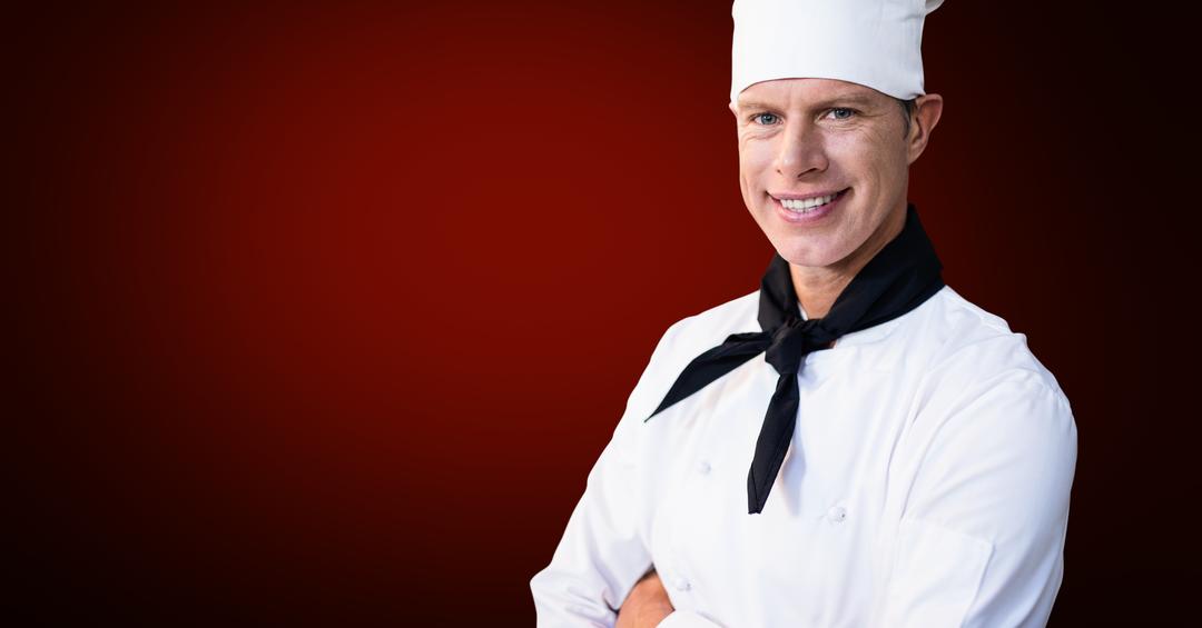 Chef standing with his arms crossed against red background - Free Images, Stock Photos and Pictures on Pikwizard.com