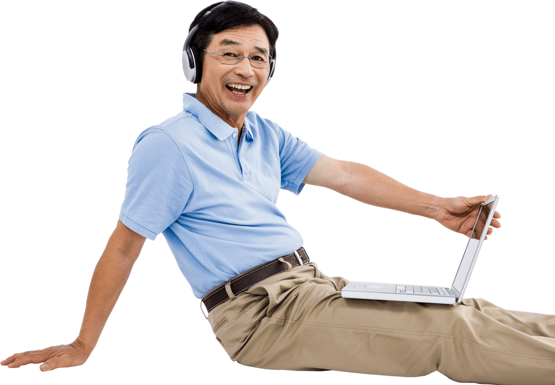 Cheerful Man with Laptop and Headphones on Transparent Background